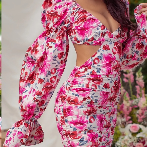 COPY - RED AND PINK FLORAL CUT OUT MINI DRESS WITH VOLUME RUFFLE SLEEVES - Picture 5 of 11